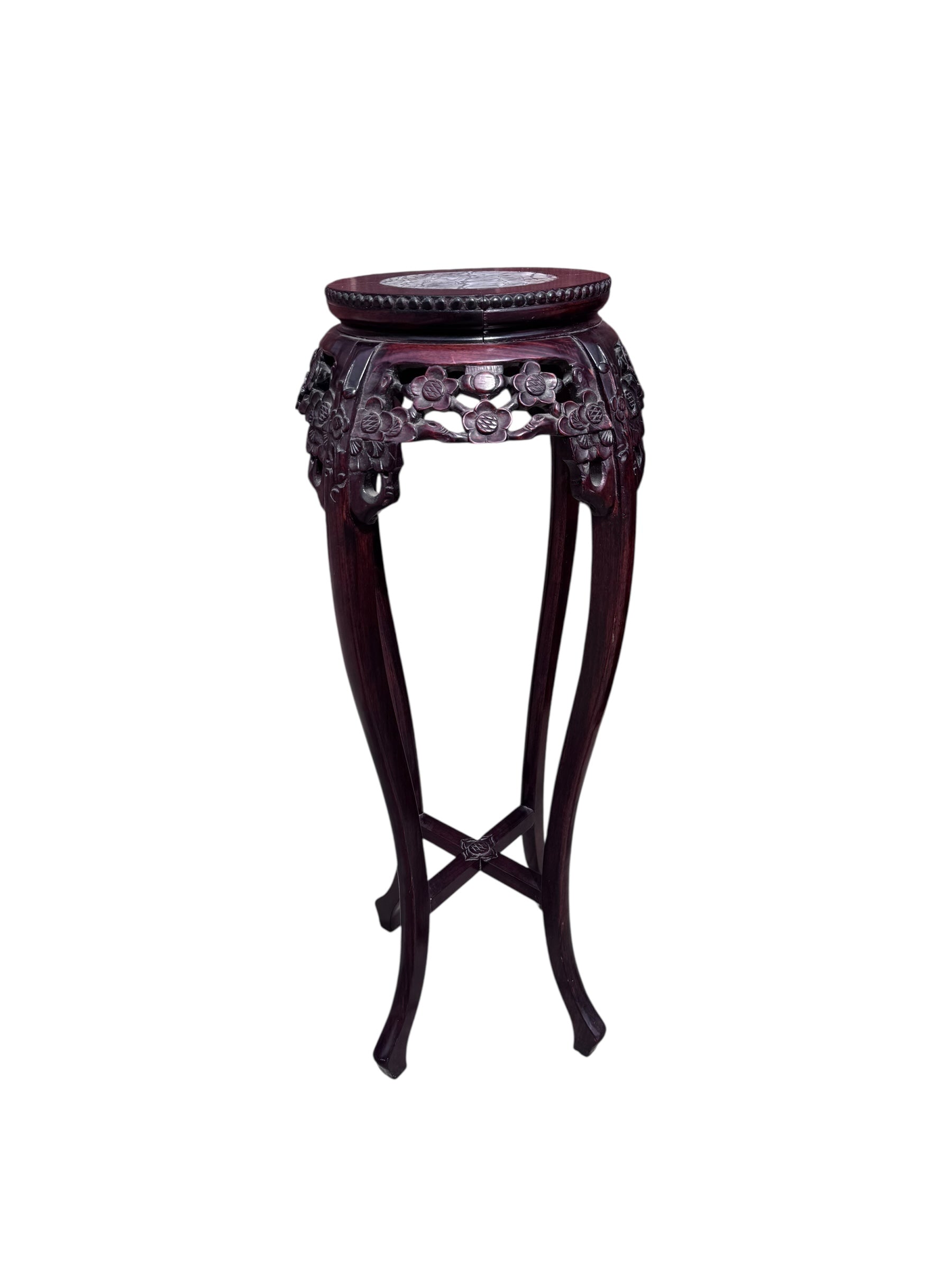 Antique Chinese Carved Rosewood & Rouge Marble Pedestal Stand Table