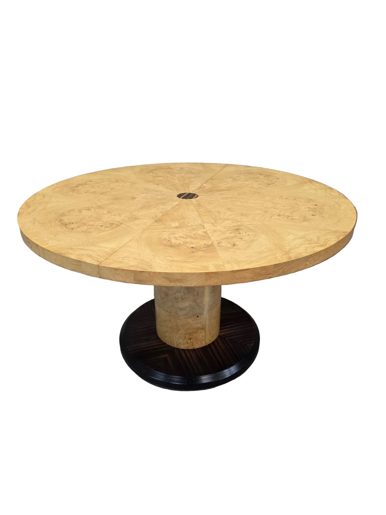 MCM Burl Pedestal Table with Macassar Ebony Base By Henredon