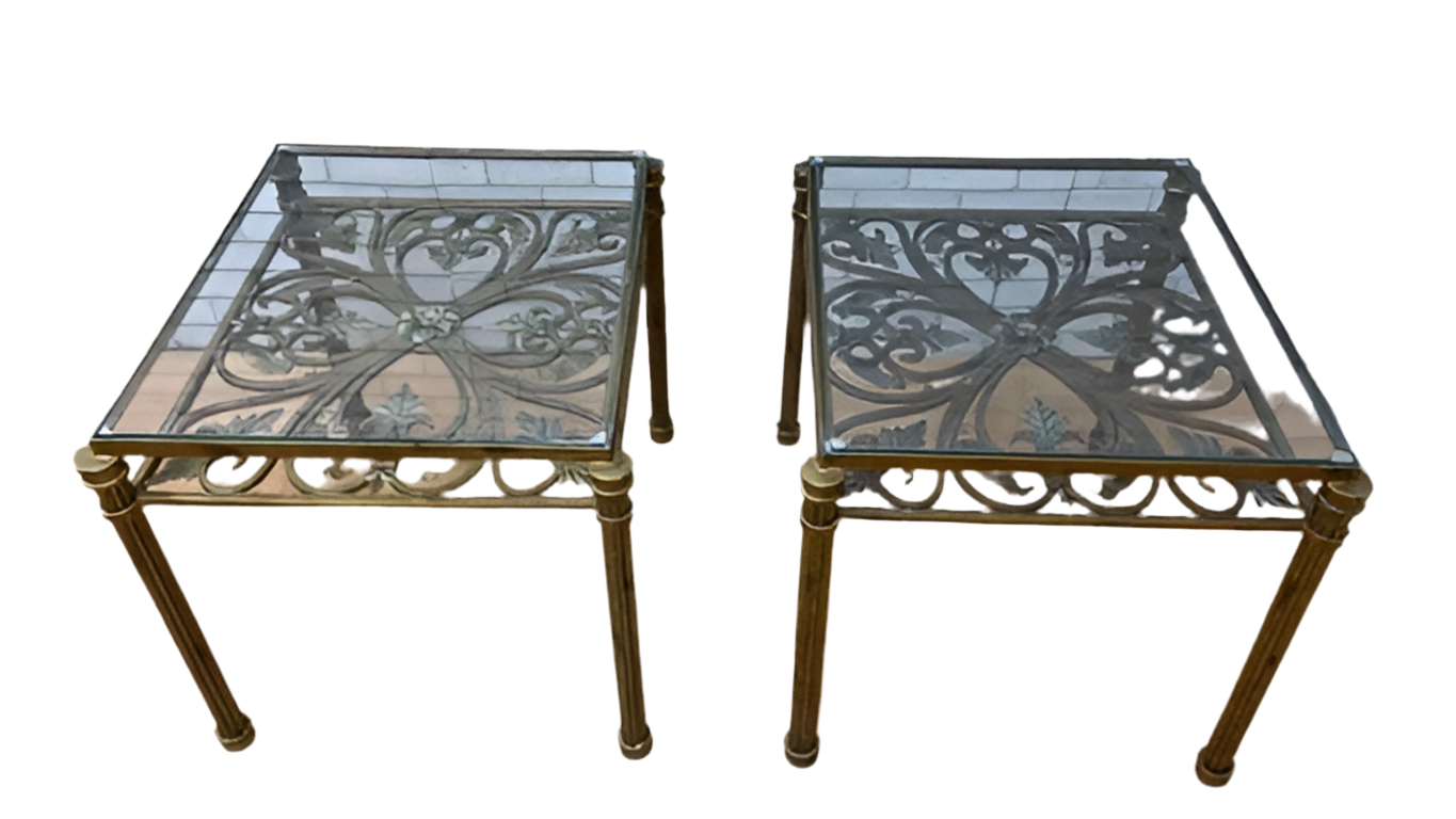 Hollywood Regency Antique Gold Forged Wrought Iron Glass Top Side Tables - Pair