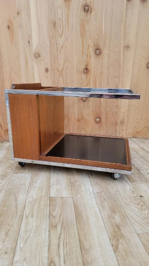 Mid Century Modern Chrome Trimmed Wood with Glass-Top Magazine Trolly on Casters