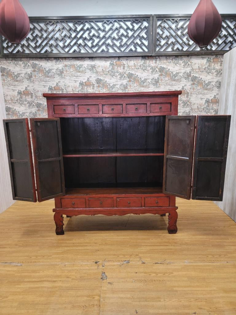 Antique Shanxi Province Red Lacquered Elm Storage Cabinet With Drawers