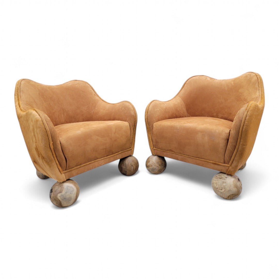 Vintage Rustic Contemporary Sculptural Club Chairs Newly Upholstered in Suede and Cowhide - Pair