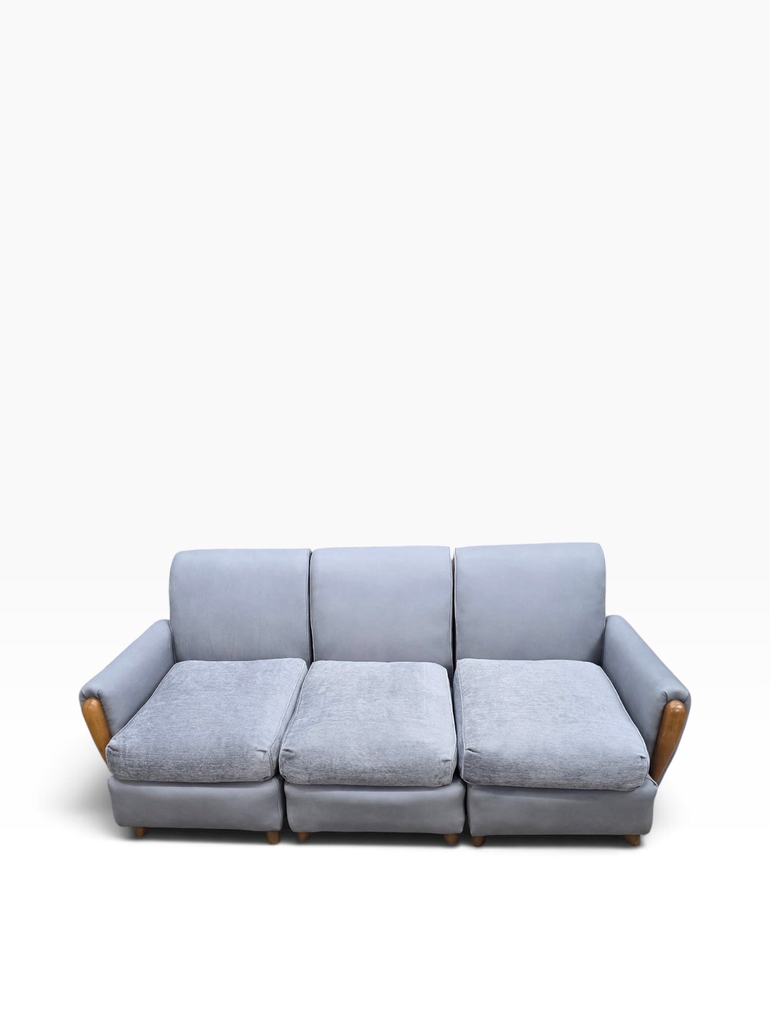 Mid Century Modern Heywood Wakefield Modular Sectional Sofa Newly Reupholstered in Powder Blue Holly Hunt Leather