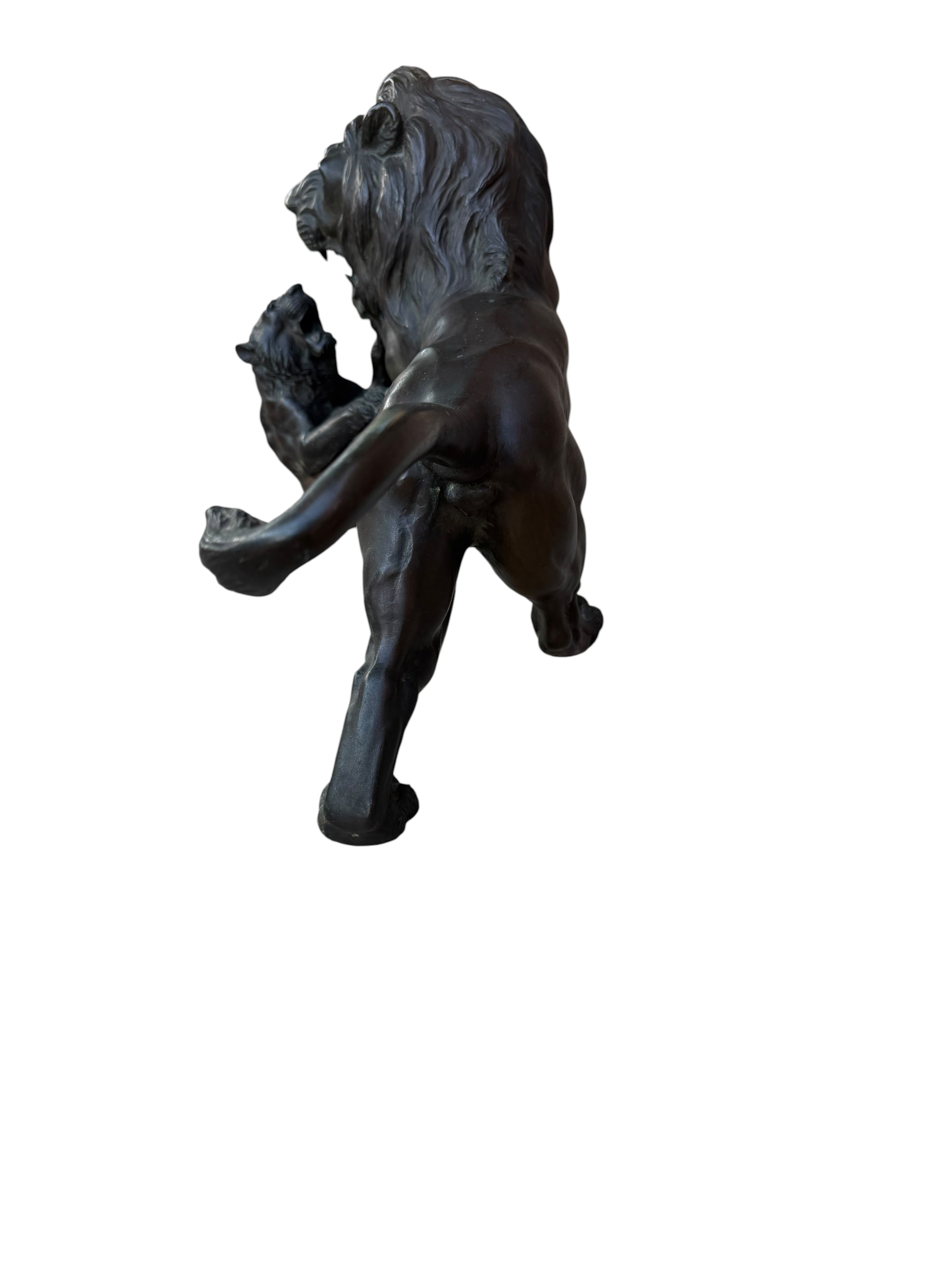 Antique Patinated Bronze Lion and Tiger Animalier Sculpture