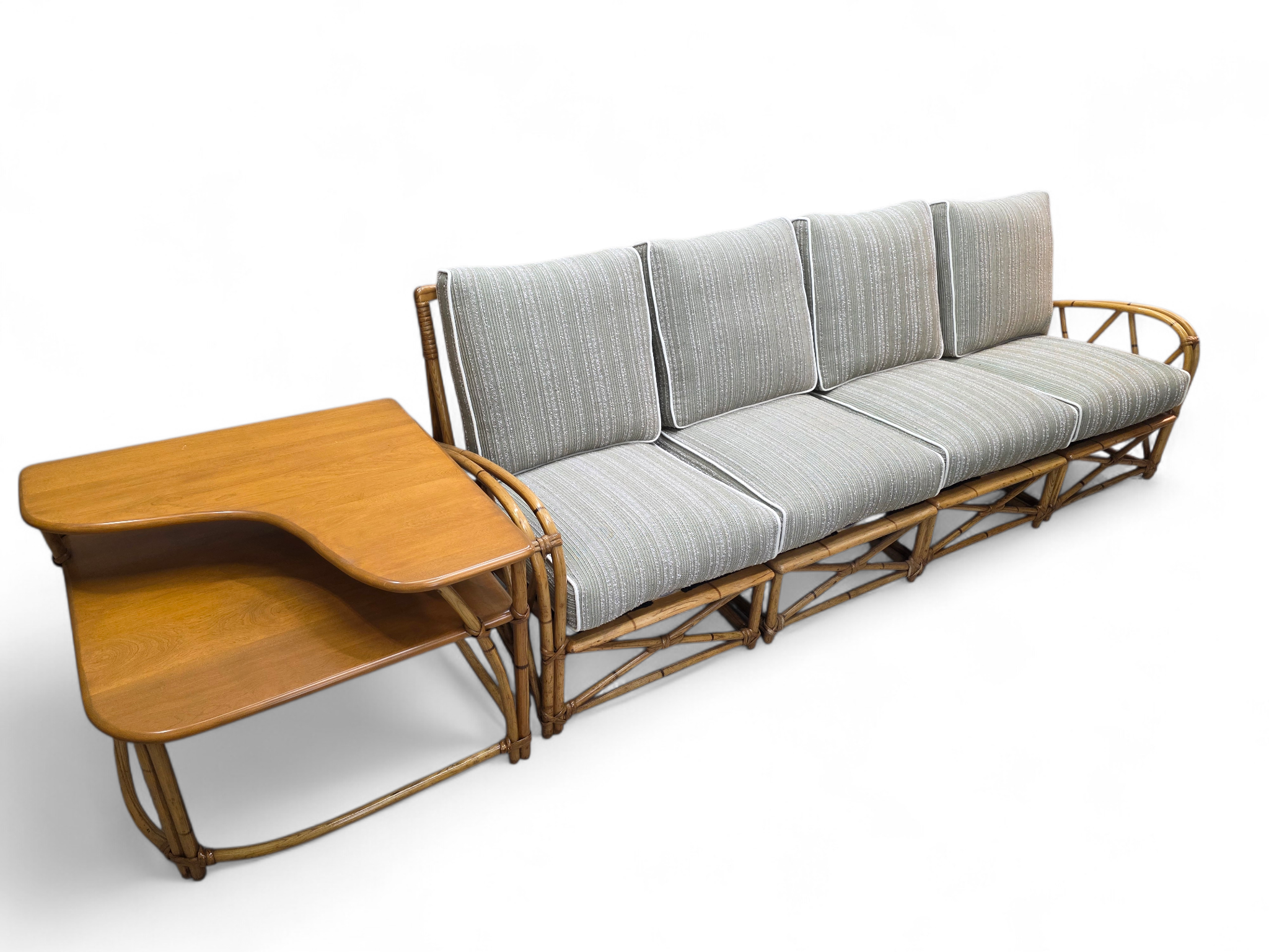 New - Mid Century Modern Coastal Bamboo 4 Piece Modular Sectional Sofa Newly Reupholstered with Two Tier Bamboo Side Tables by Heywood Wakefield