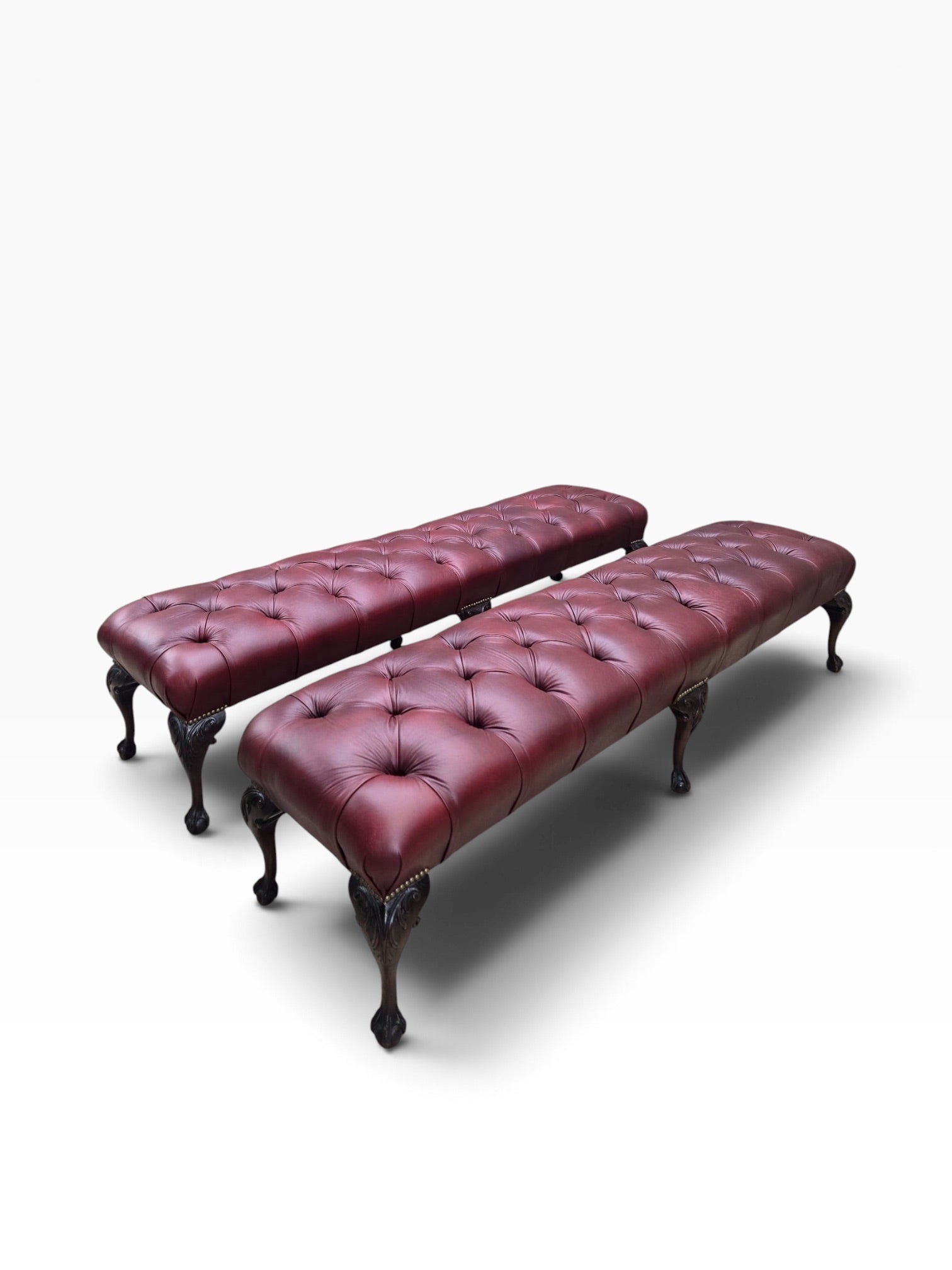 Chippendale Style Carved Mahogany Ball & Claw Six Leg Tufted Hall/Dining Bench Newly Reupholstered in Cabernet Leather - Pair