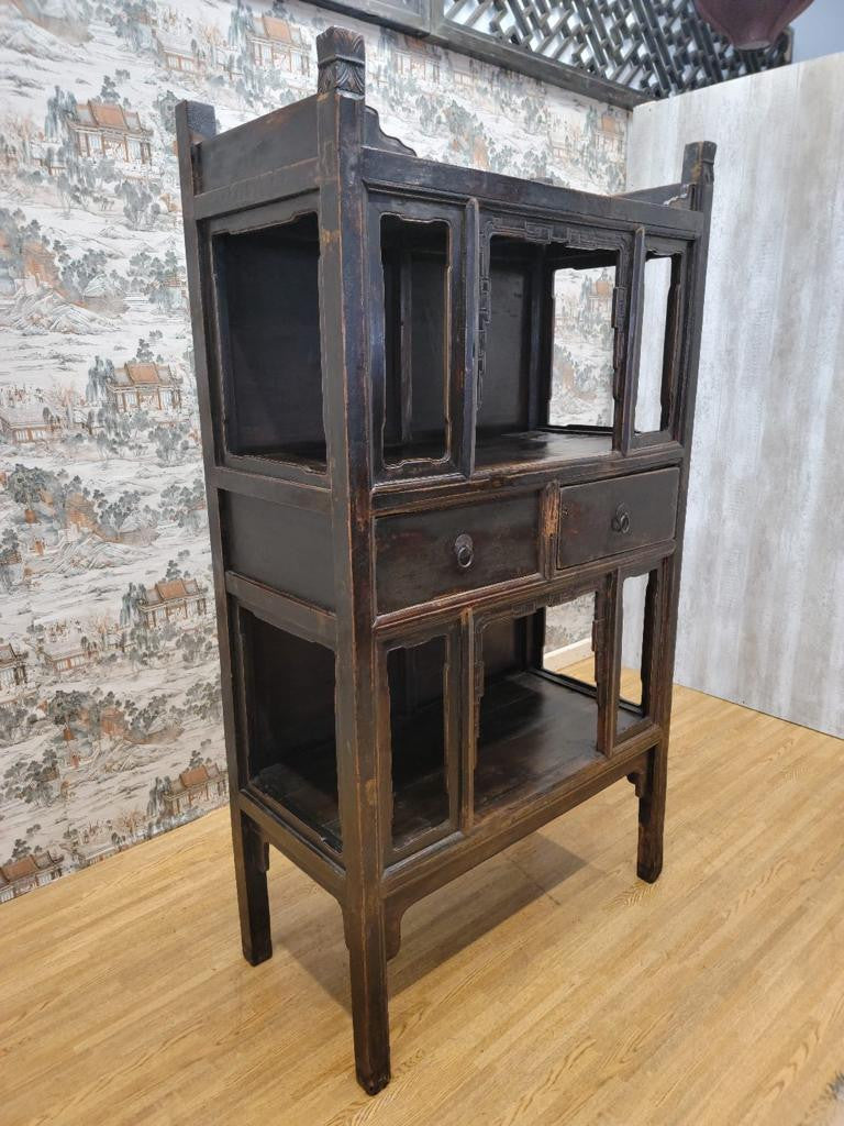 Antique Shanxi Province Brown Black Lacquered Elmwood Bookcase