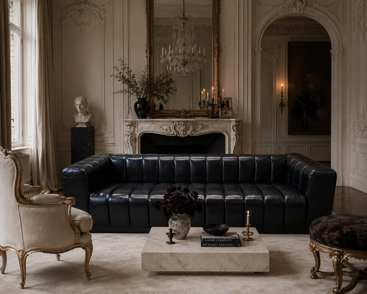 CB2 Forte Channeled Black Leather Sofa