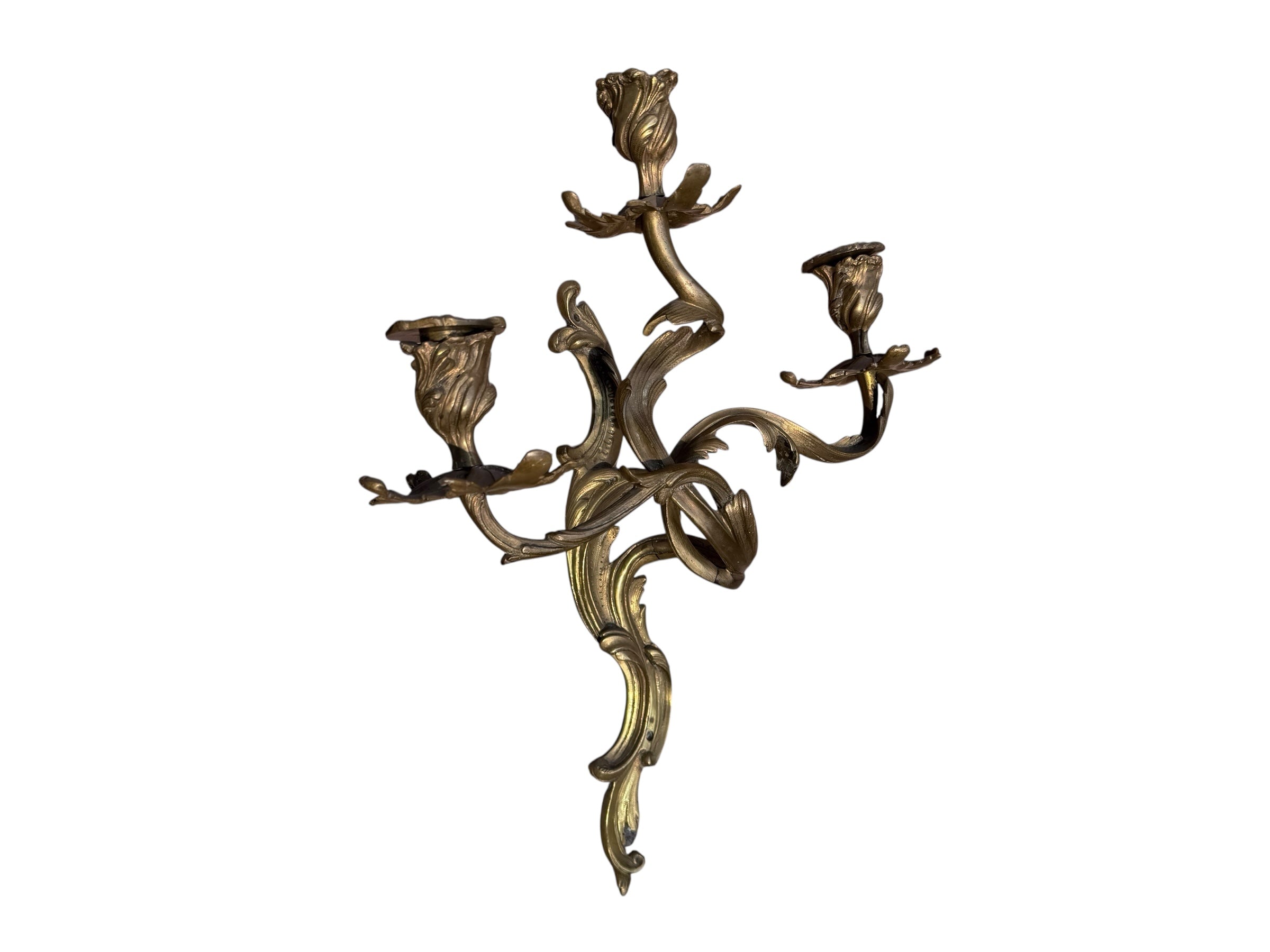 Antique French Louis XV Style Three Light Bronze Wall Candle Sconces - Pair