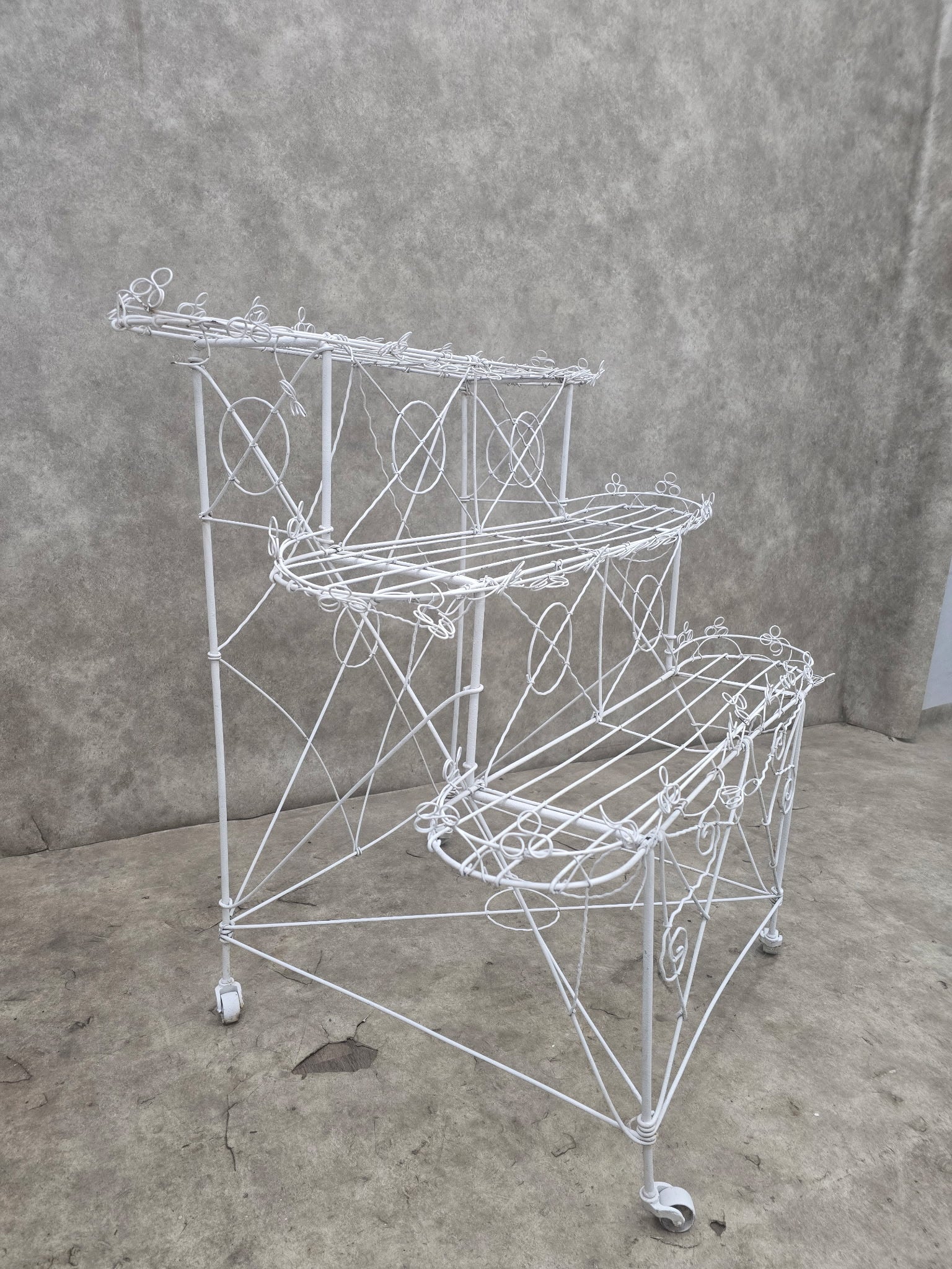 Vintage White Wire 3-Tier Rolling Plant Stand on Casters