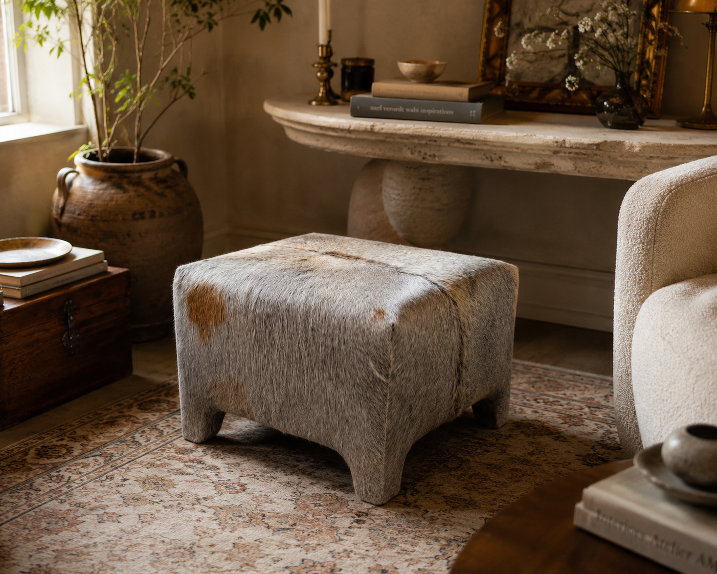 Vintage Rustic Modern Cowhide Ottoman Newly Reupholstered