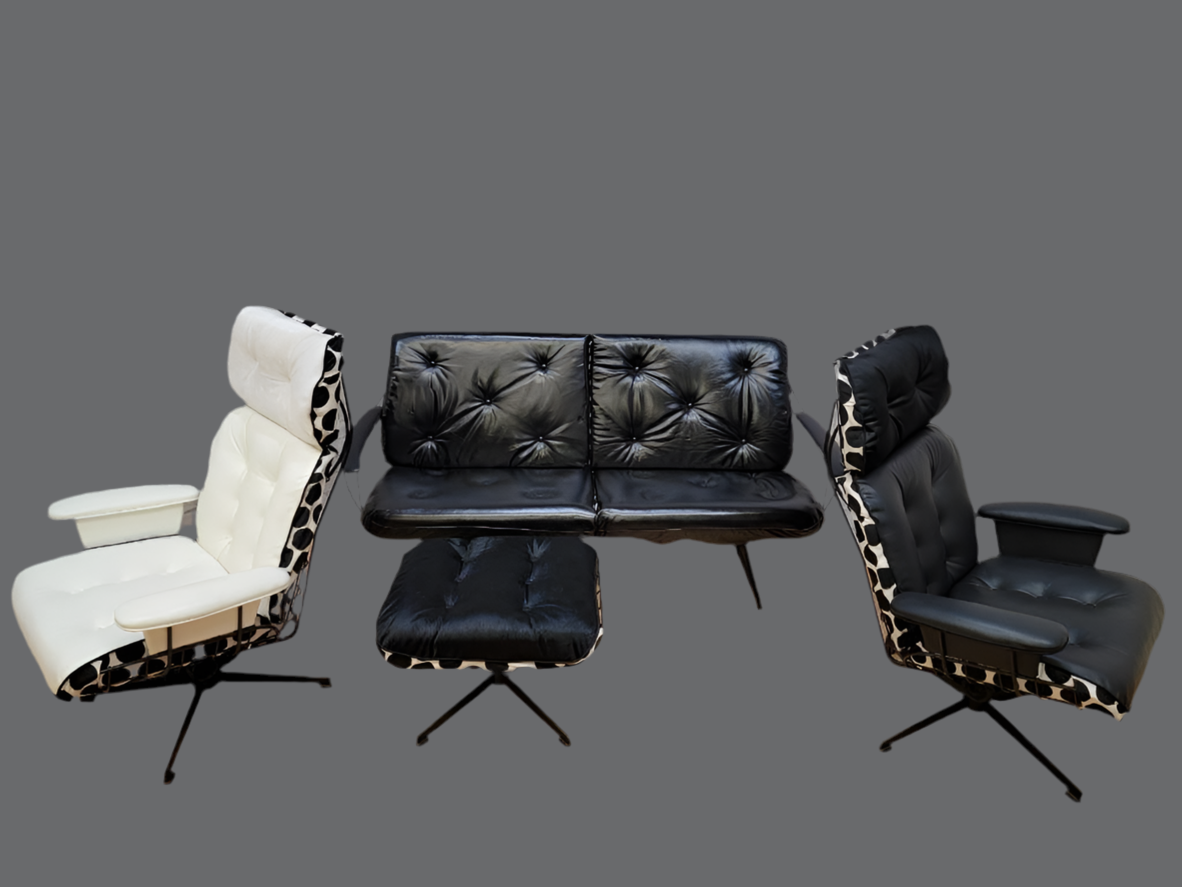 Mid Century Modern Homecrest Indoor/Outdoor 2 Swivel Chairs, Loveseat and Ottoman Newly Upholstered
