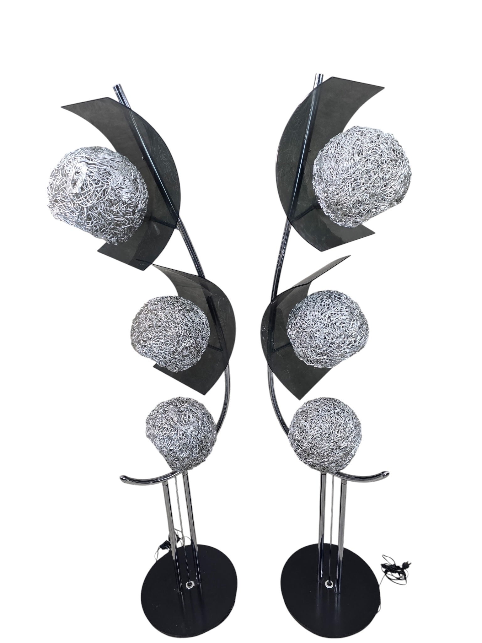 MCM Chrome Triple Light Lamps with Metal Spaghetti Shades – Pair