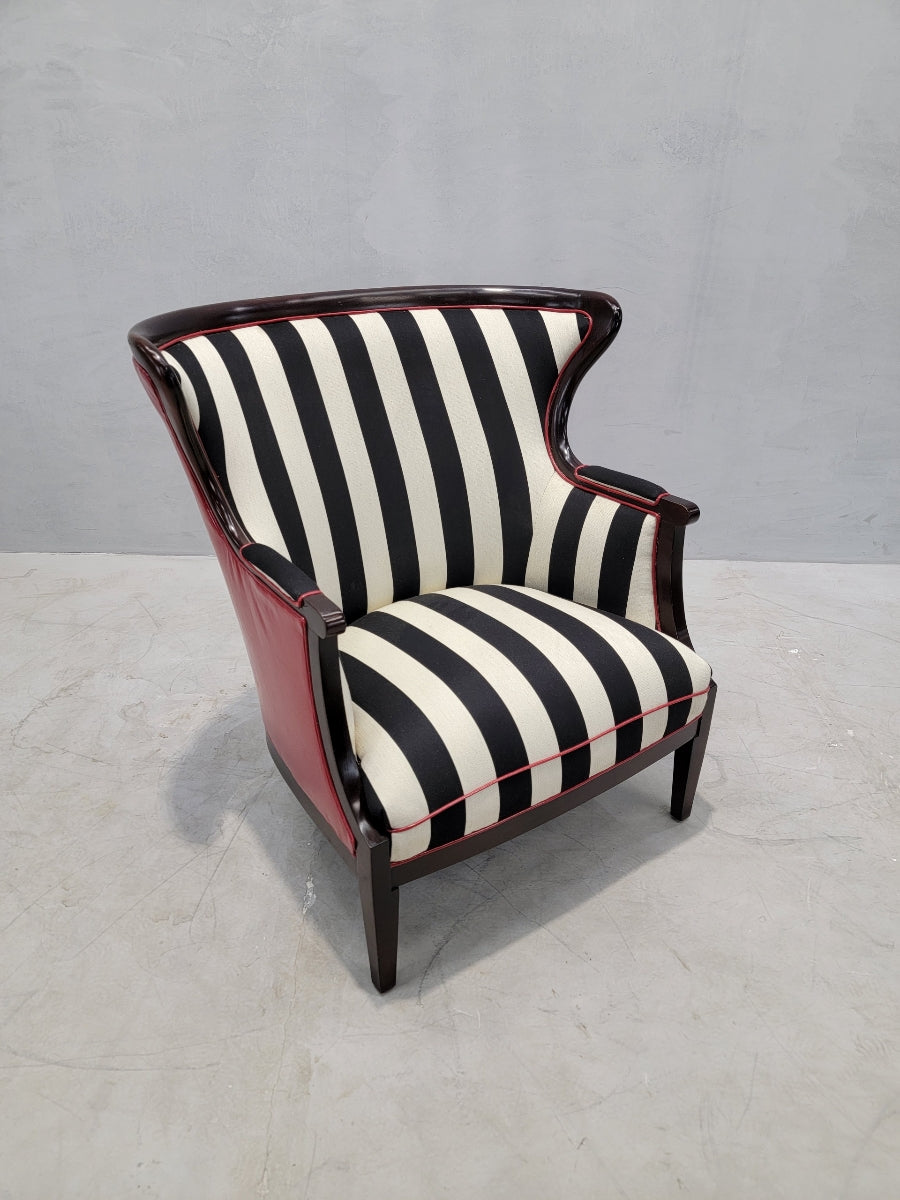 Regency Style Baker Furniture Wingback Chair Newly Custom Upholstered in Black & White Striped Fabric w/ Holly Hunt Red Patent-Leather & Trim