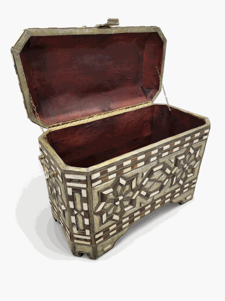 Antique Moroccan Wood Inlaid Bone & Hammered Metal Leather Lined Storage Chest