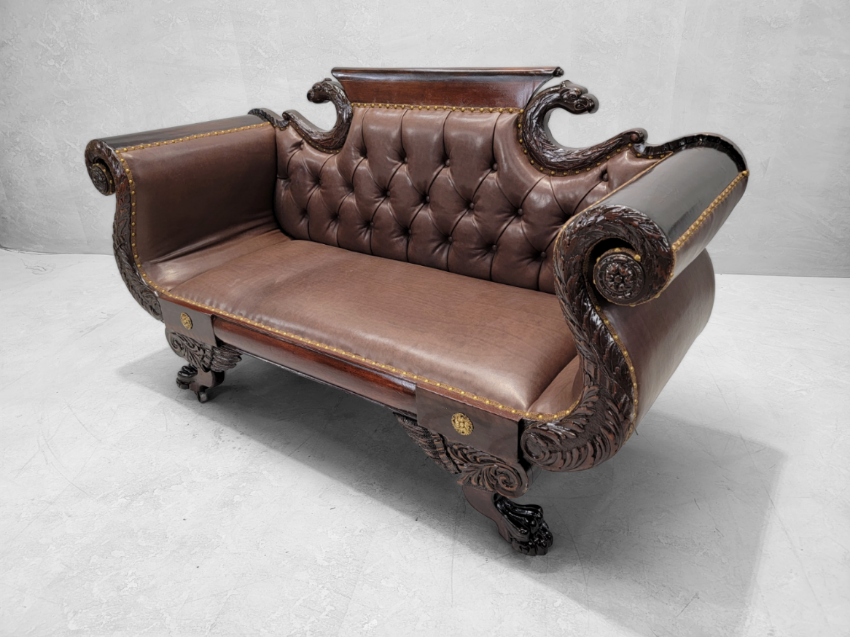 Antique Empire Style Carved Mahogany Tufted Back Parlor Sofa Newly Upholstered in Brown Leather