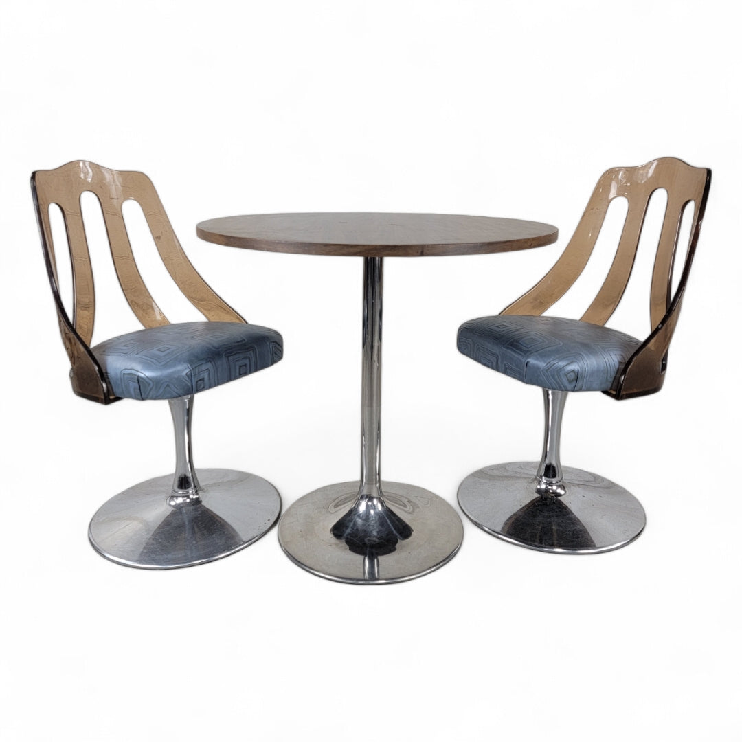 New - Mid Century Modern Retro Space Age Tulip Tinted Lucite Swivel Dining/Side Chairs New Upholstered in Leather - Set of 3