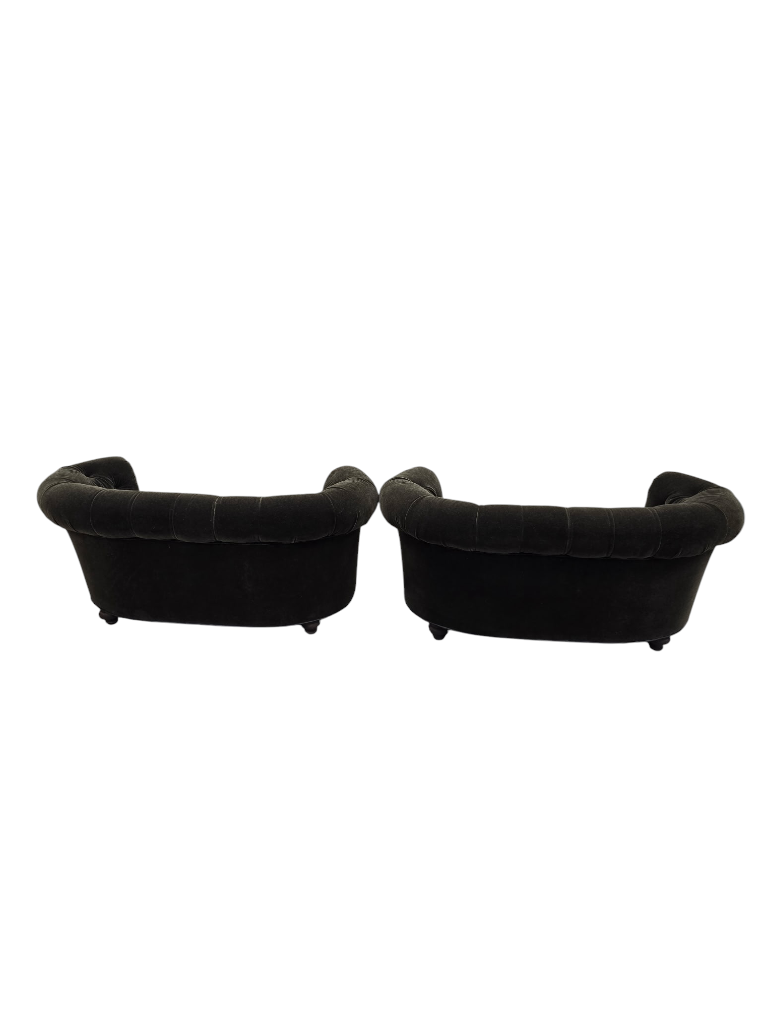 NEW - Hollywood Regency Tufted Barrel Back Loveseats Newly Reupholstered in Dark Chocolate Mohair – Pair
