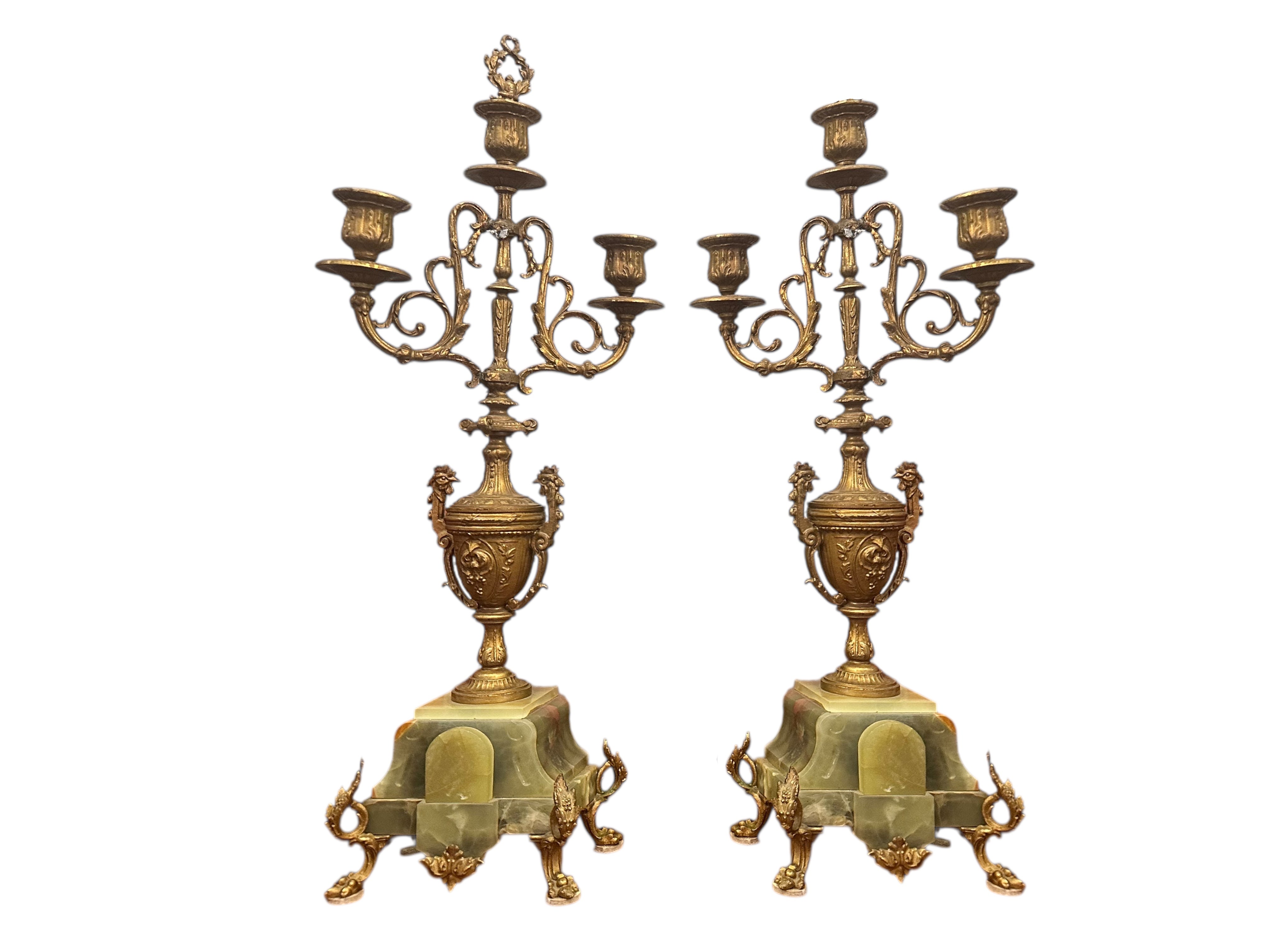 Antique French Neoclassical Green Onyx Garniture Clock Set