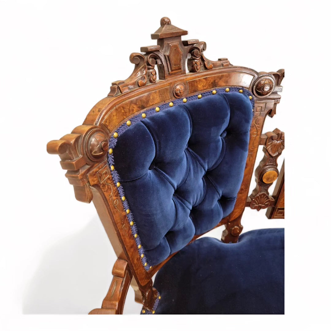 Antique Victorian Eastlake Style Carved Tufted Parlor Settee Newly Reupholstered in Blue Velvet