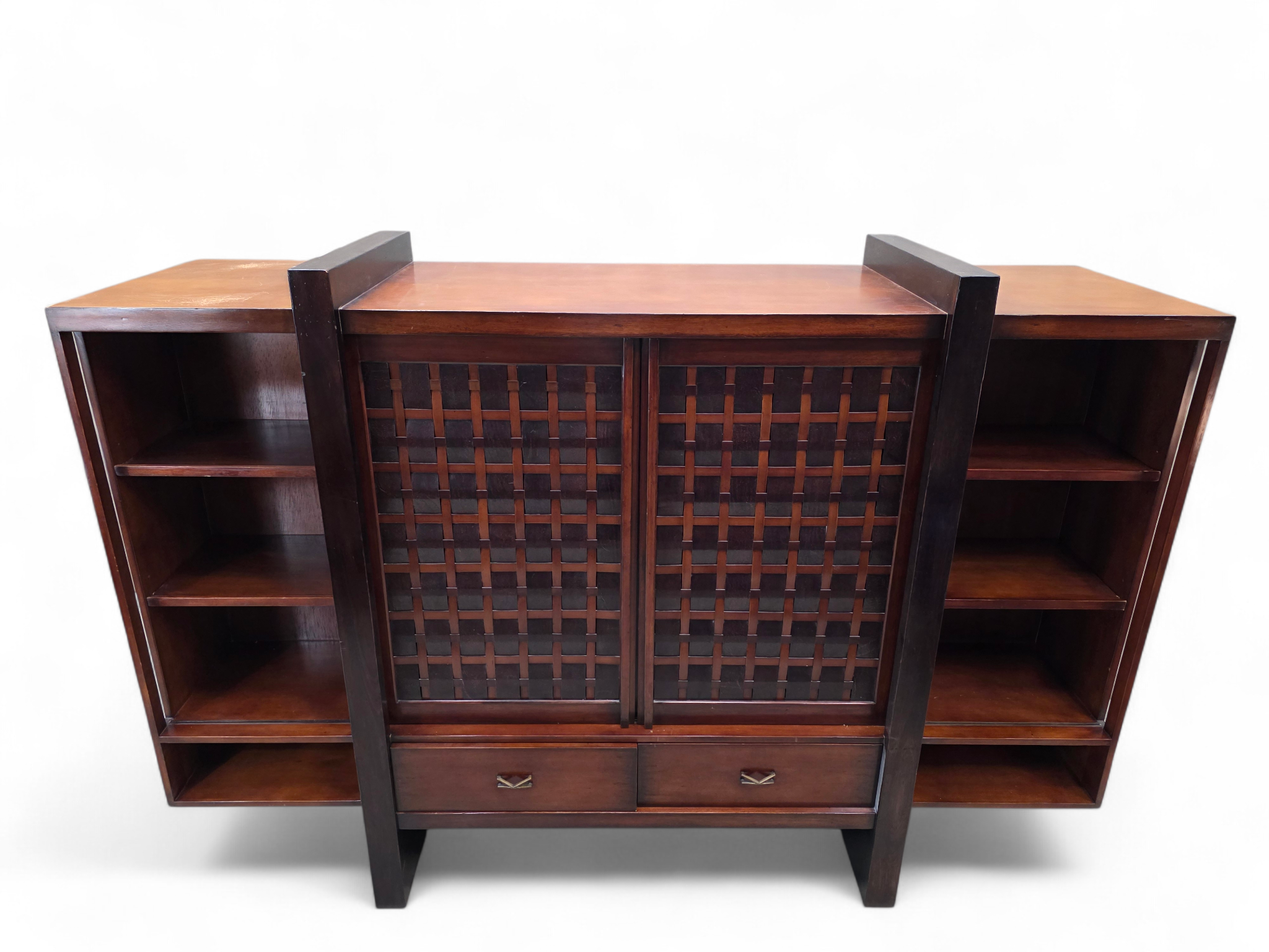 Vintage Modern Mahogany Media Console with Sliding Woven Doors by South Cone