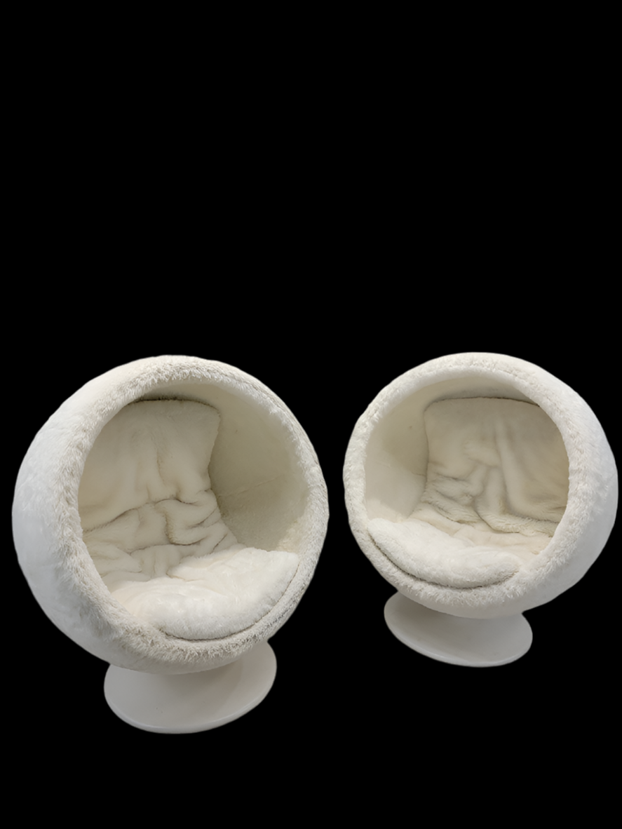 Modern Atomic Space Age Style Orbit Swivel Pod Chair by RH Teen in a Kashmir White Faux Fur - Pair
