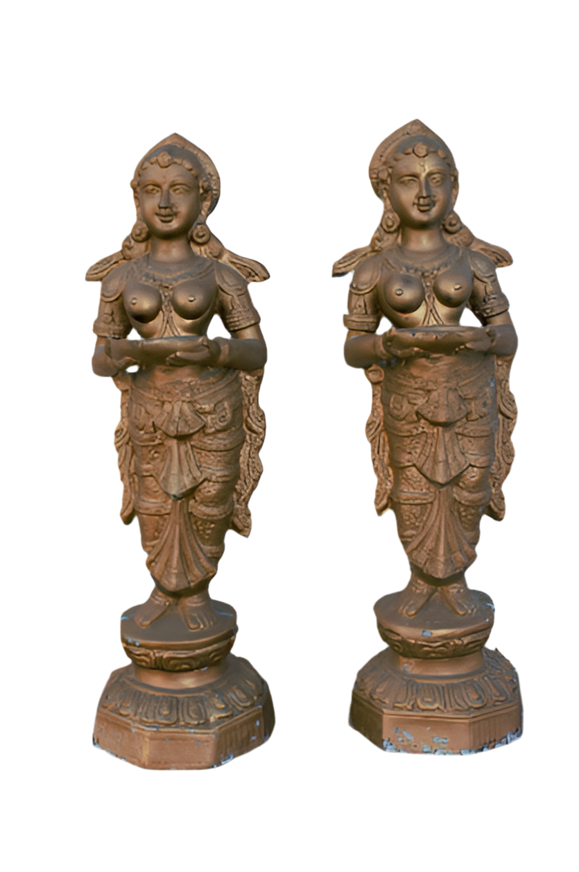Vintage Bronze "Deep Lady" Lakshmi Welcome Statues - Set of 2