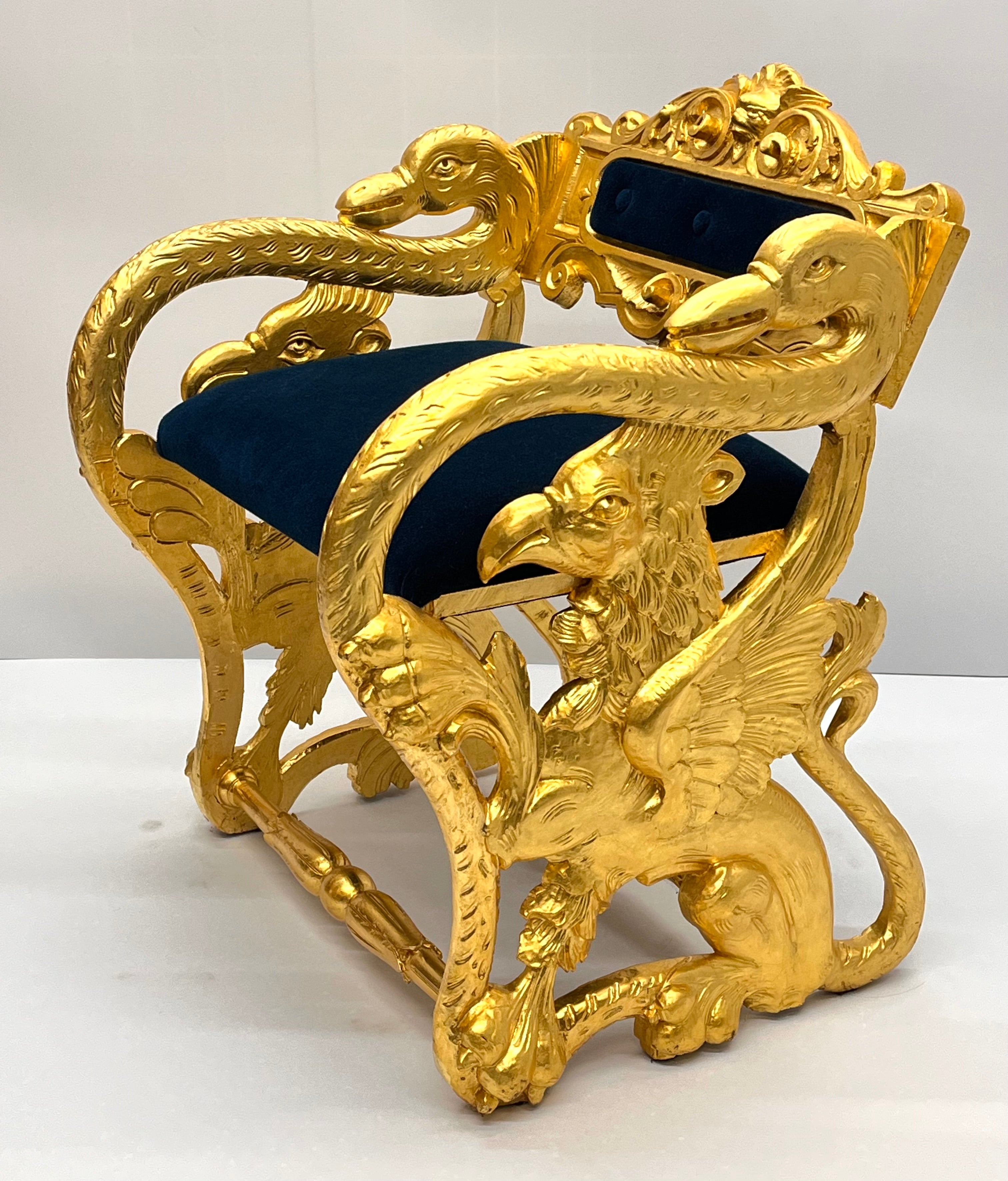 Antique Federal Style Carved Gold Gilt Swan and Eagle Carousel Bench Newly Reupholstered in Blue Mohair Seat