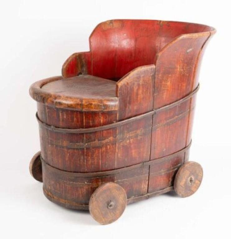 Antique Chinese Qing Dynasty Red Lacquer Child’s Wagon / Wash Tub