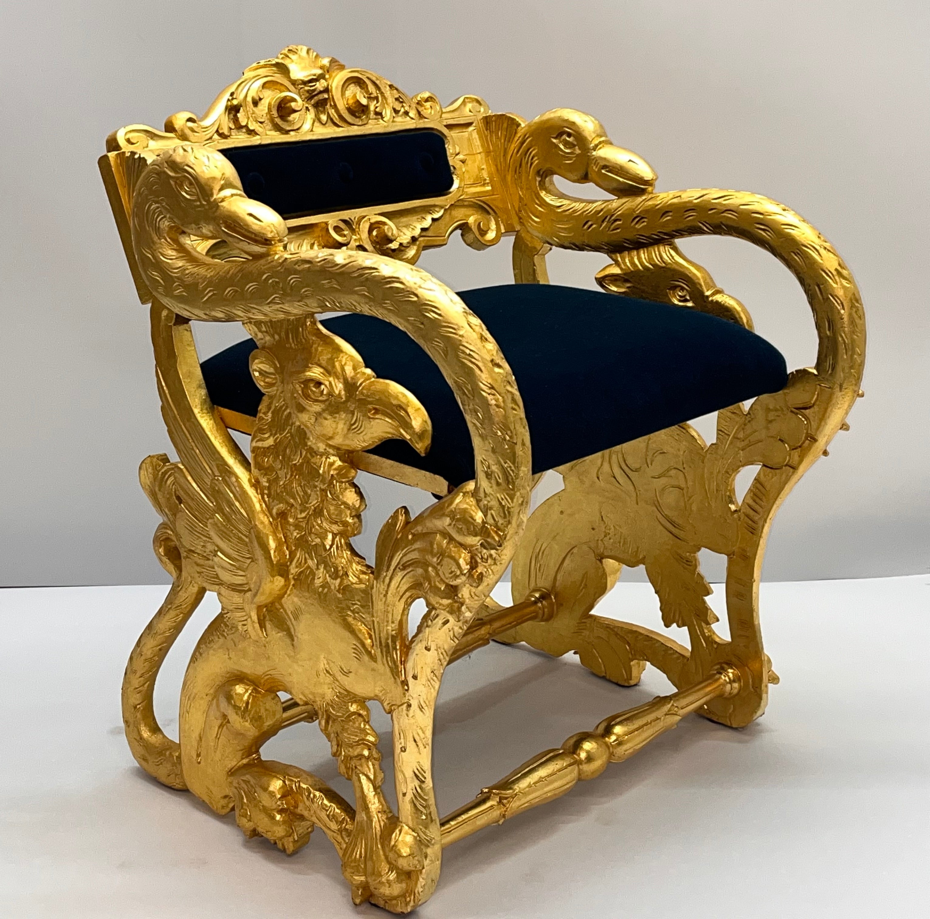 Antique Federal Style Carved Gold Gilt Swan and Eagle Carousel Bench Newly Reupholstered in Blue Mohair Seat