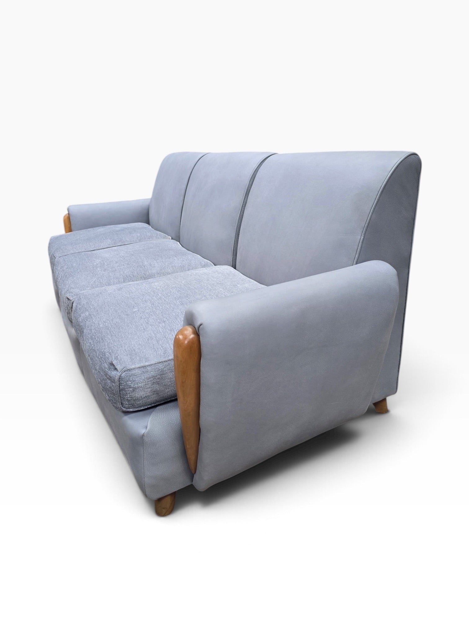Mid Century Modern Heywood Wakefield Modular Sectional Sofa Newly Reupholstered in Powder Blue Holly Hunt Leather