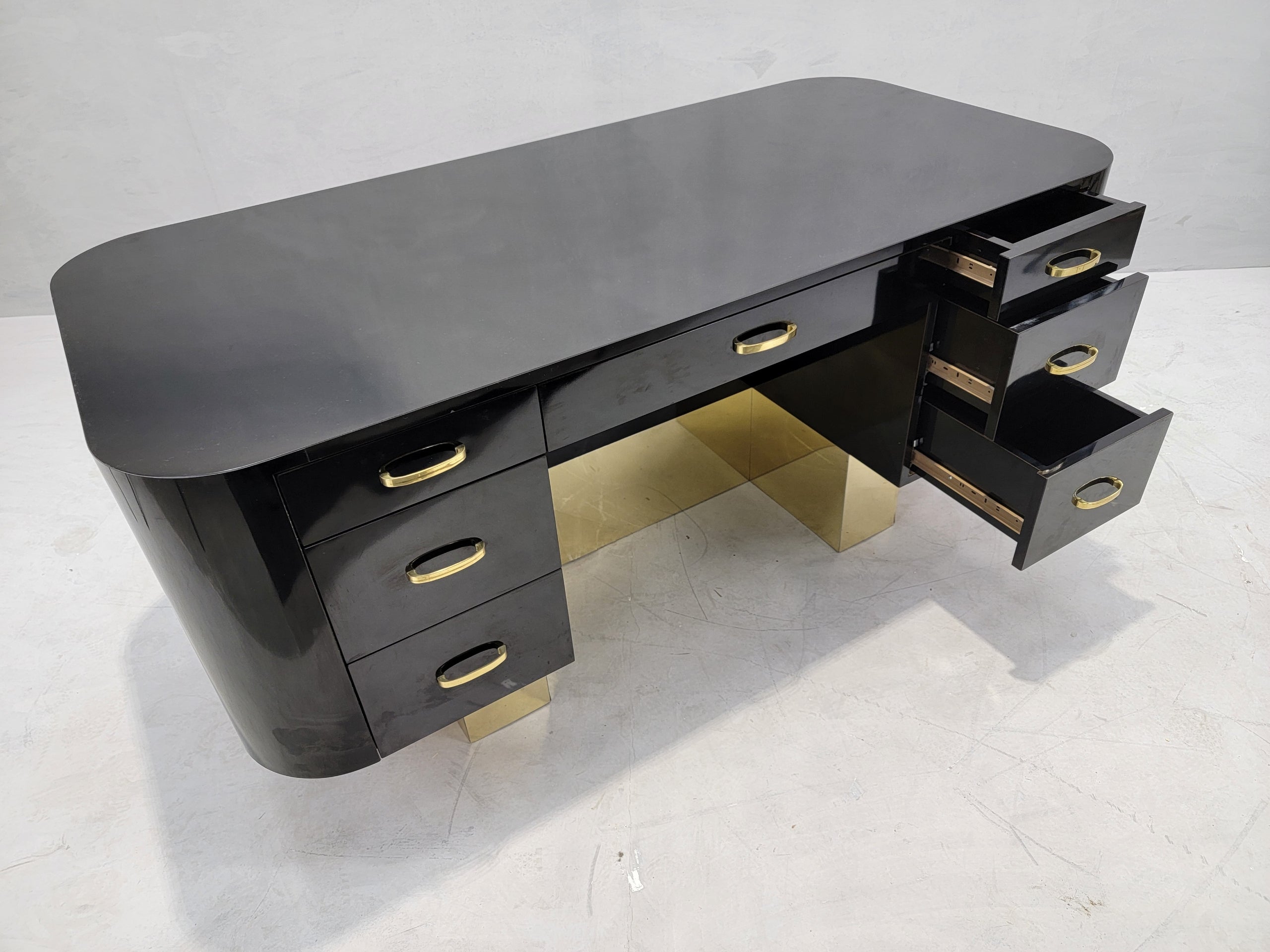 New - Vintage Postmodern French Art Deco Styled Black Lacquer and Brass Curved  Executive Desk