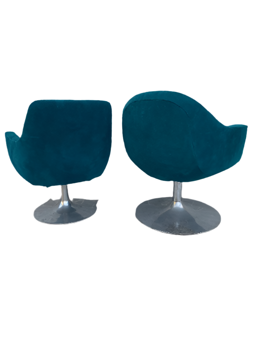 Mid Century Modern Aluminum Swivel Tulip Base Side Chairs Newly Upholstered in Teal Suede - Set of 2