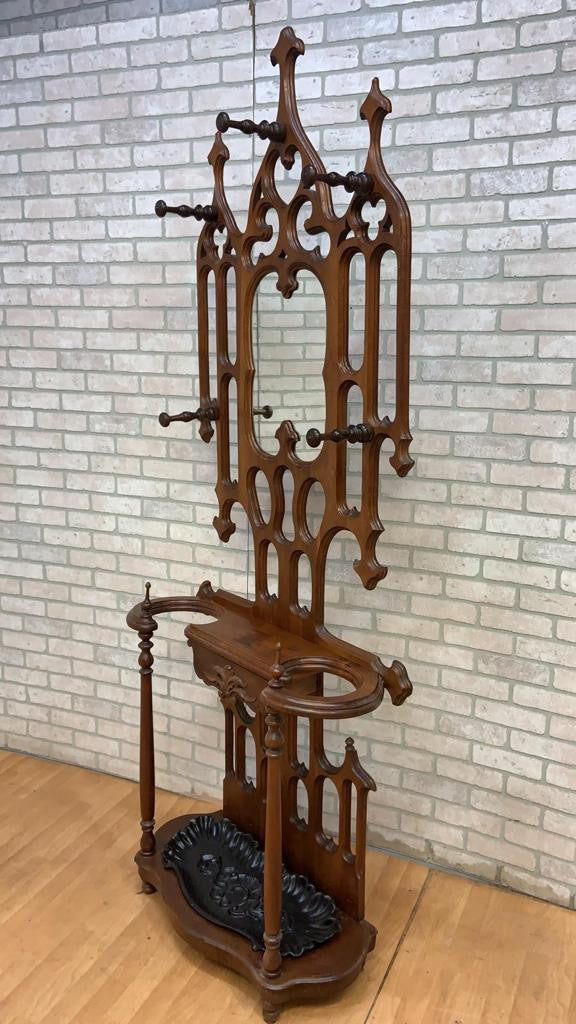 Antique Gothic Hand Carved Mahogany Hall Tree Coat Rack and Umbrella Stand