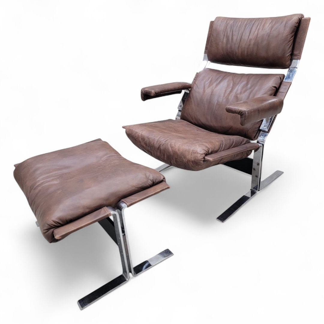 Mid Century Modern Richard Hersberger Brown Leather and Chromium Lounge Chairs and Ottoman