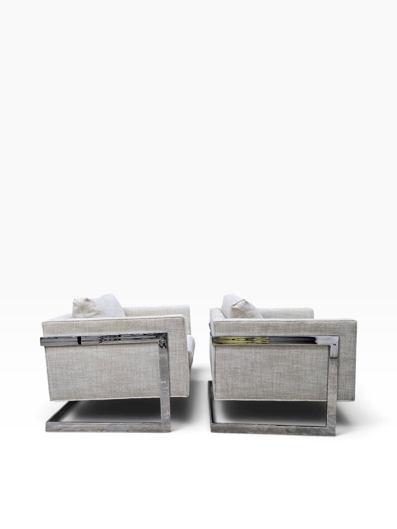 Mid Century Modern Milo Baughman Chrome Flat Bar Cantilever Club Chairs Newly Reupholstered in Natural Linen – Pair