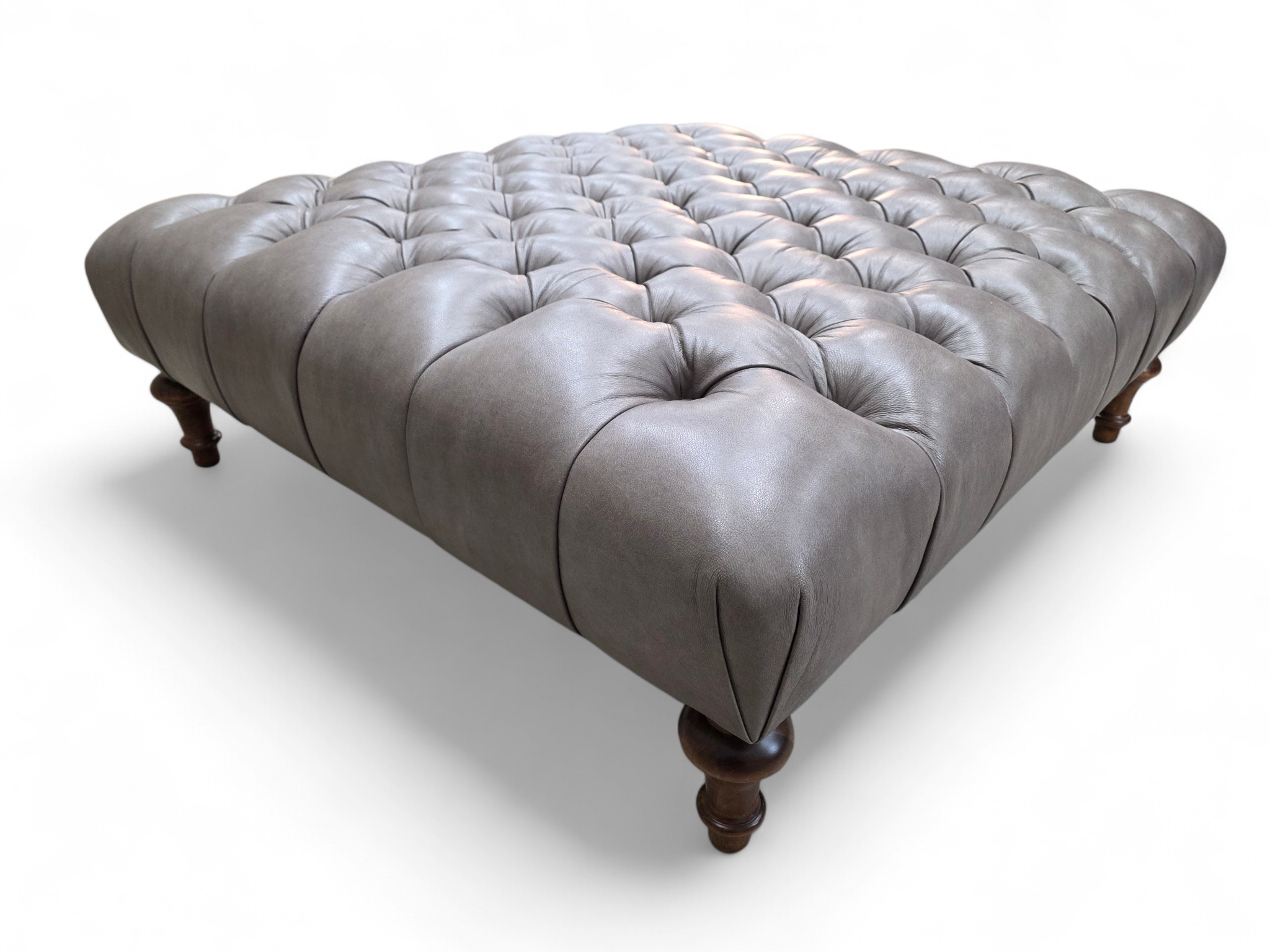 Vintage Chesterfield Style Tufted Gray Leather Ottoman