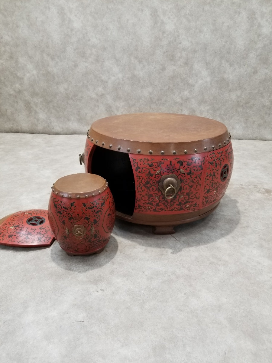 Vintage Asian Style Red Coromandel Drum Coffee/Side Table - Set of 5