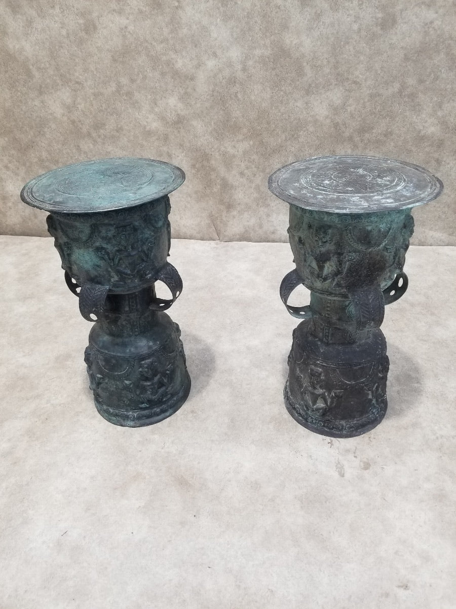 HOLD - Antique Balinese Hammered Bronze Rain Drum Garden Stool/Plant Stand - Set of 2