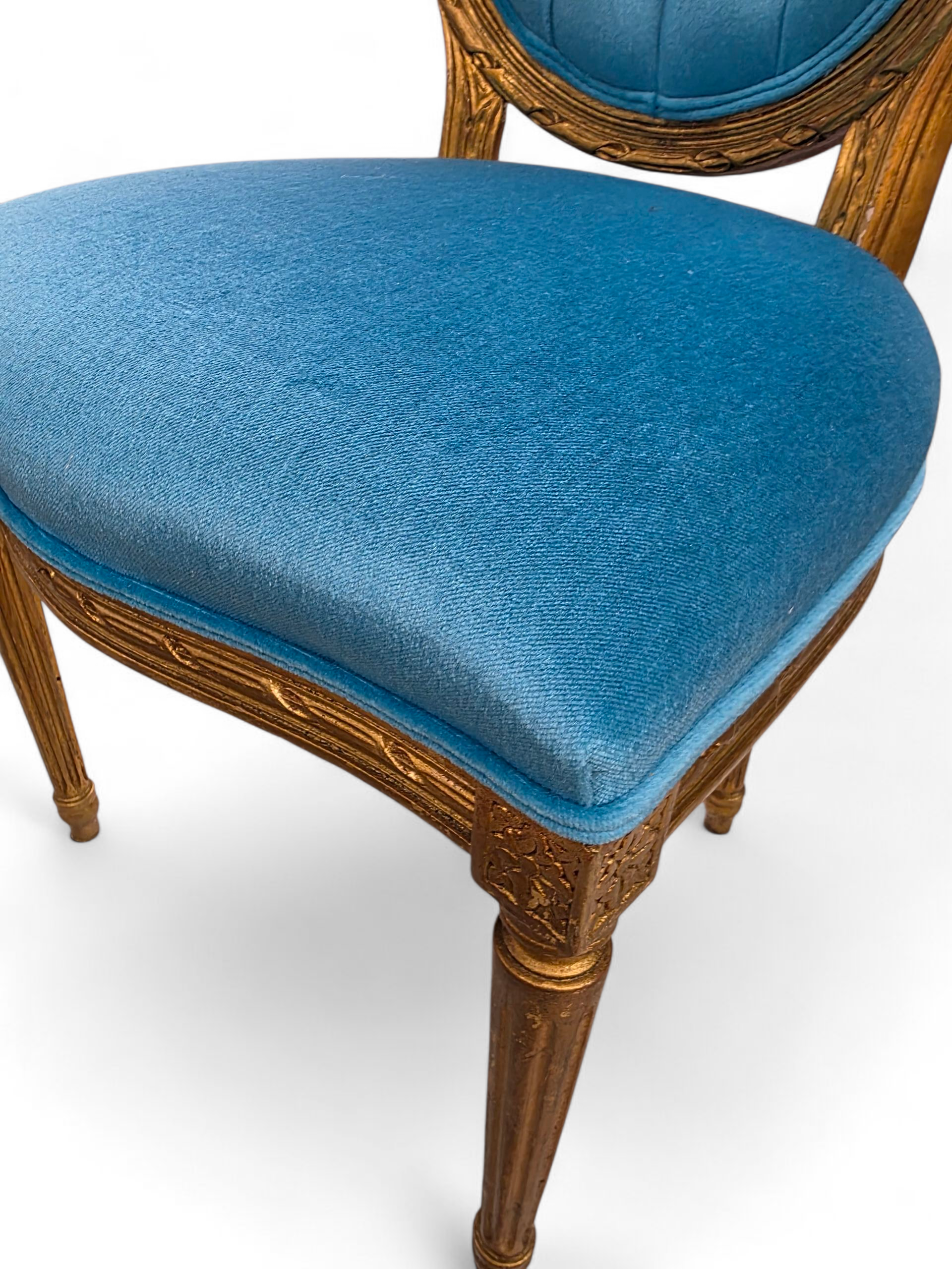 Antique French Louis XVI Style Carved & Gilded Tufted Medallion Back Dining Chairs Newly Reupholstered in a Italian Royal-Teal Mohair - Set of 4&nbsp;