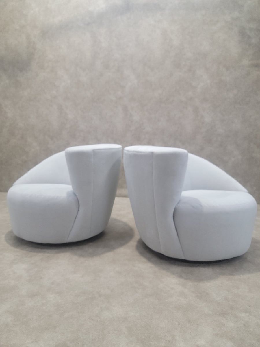 NEW - Mid-Century Set of Vladimir Kagan Nautilus Asymmetrical Original Ice-Blu Suede Upholstered Swivel Lounges For Directional