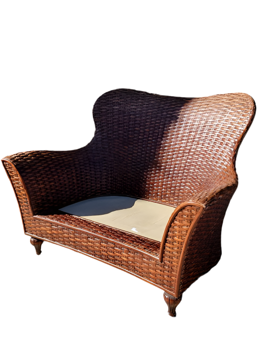Vintage Arched Camel Back Flare Arm Wicker Lounge Settee Newly Upholstered Pillow in Boucle