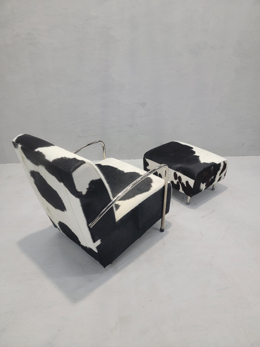 Art Deco German Chrome Bar Lounge & Ottoman Set Newly Upholstered in BrazilIan Black and White Hair-On Cowhide