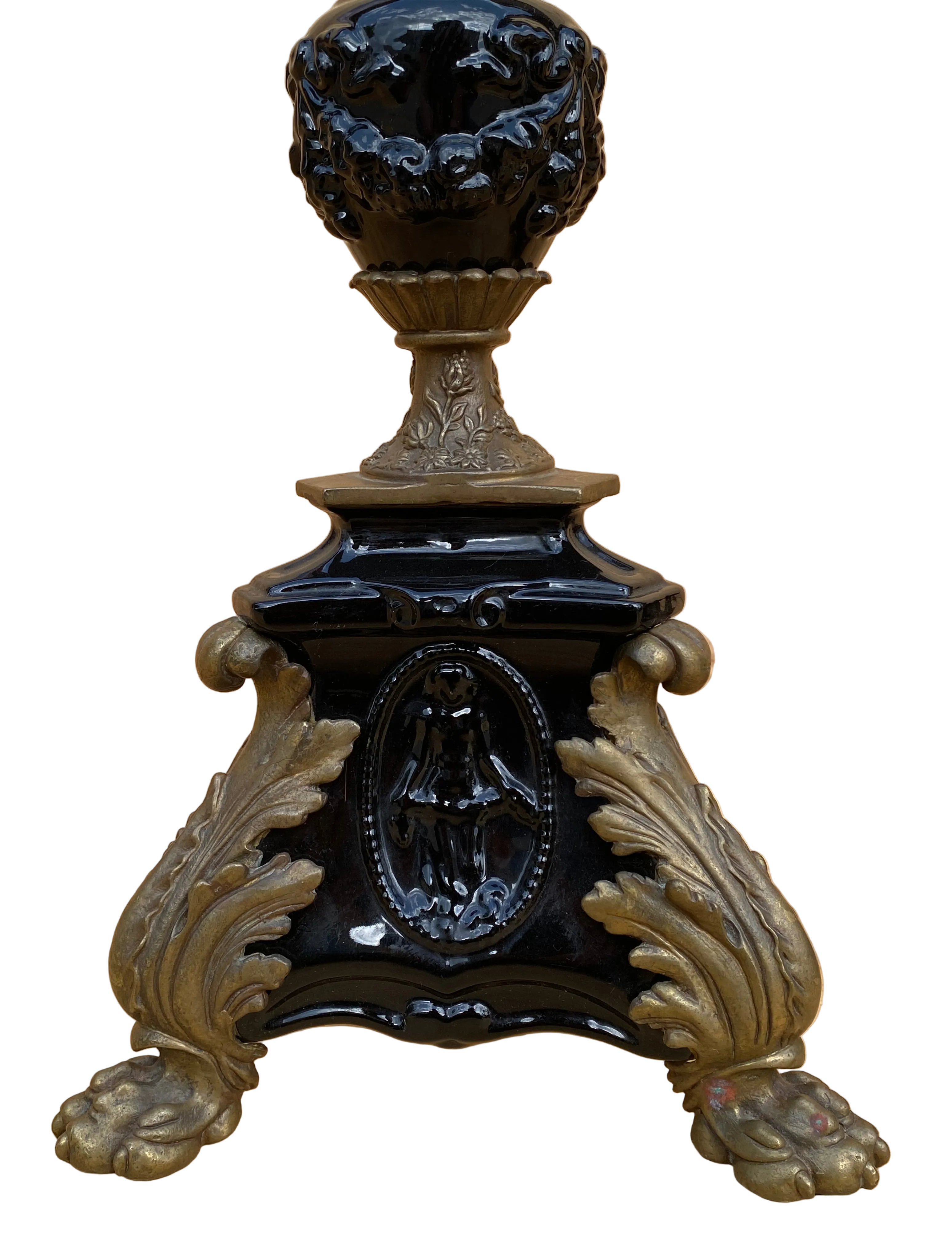 Vintage French Neogothic Altar Torchère Black Porcelain Candlestick Set