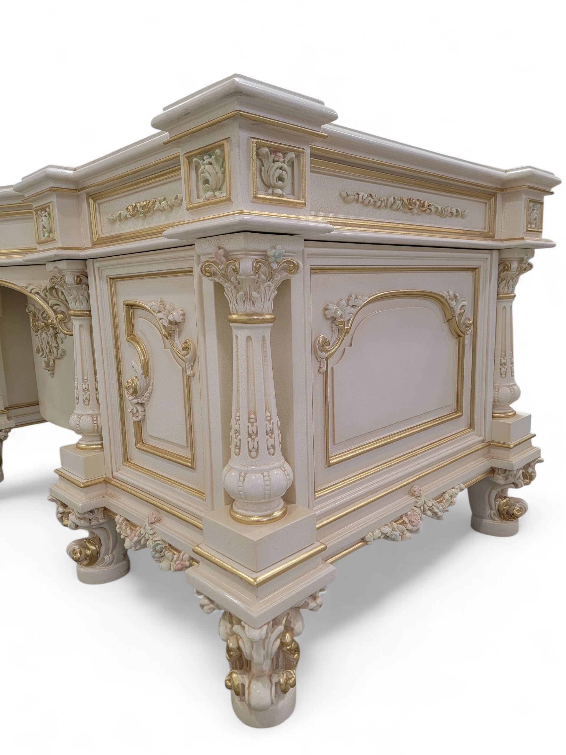 Vintage Custom Venetian Antique Rococo Style Antique White Carved Executive Desk
