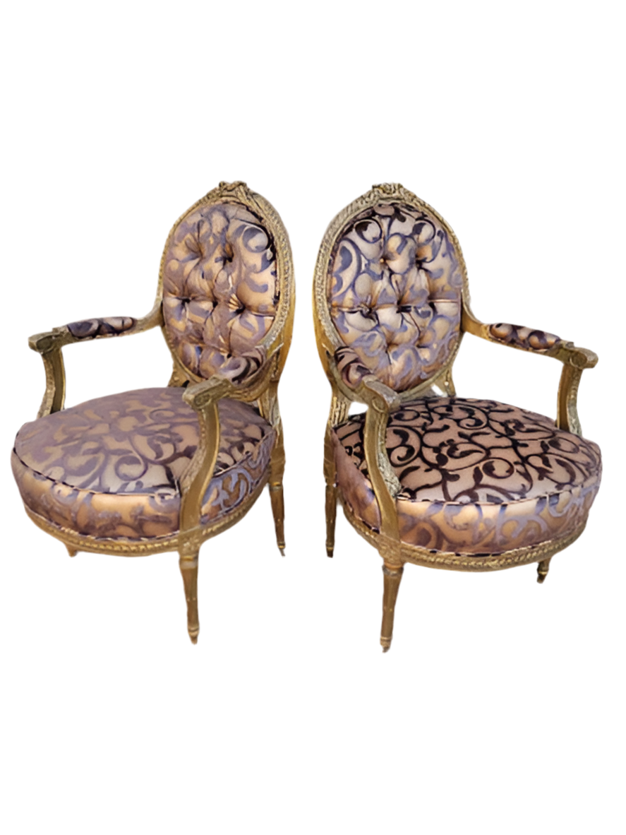 Antique French Louis XV Style Ornate Carved Giltwood Fauteuil Armchairs Newly Upholstered - Pair