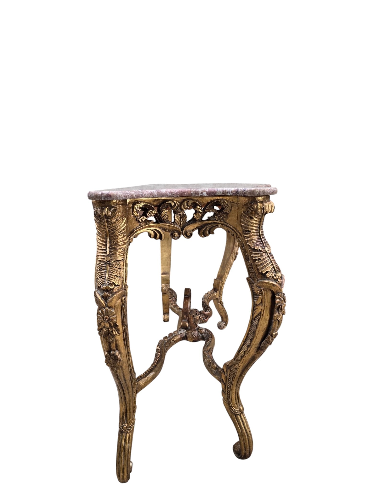 Antique Louis XV Style Carved Console Table with Pink Marble Top
