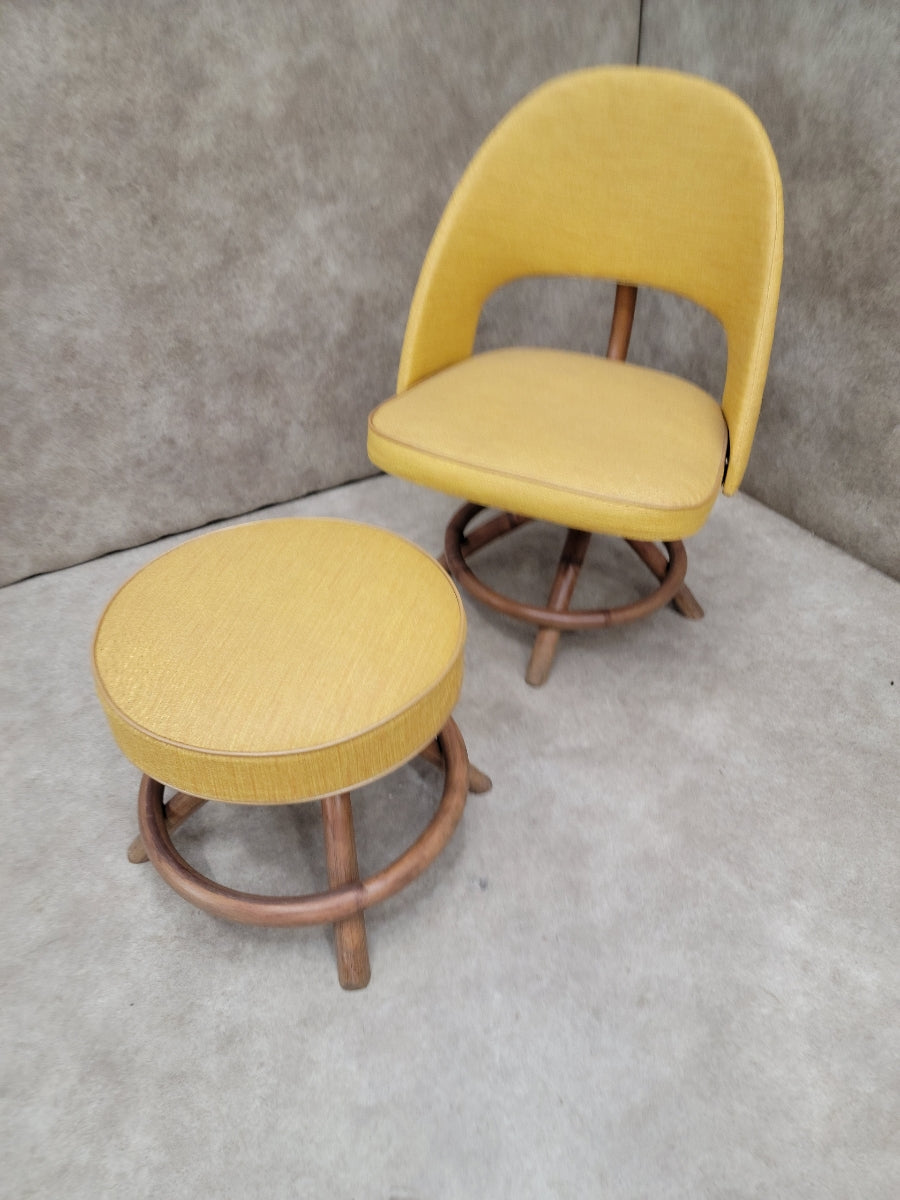 Mid Century Modern Saarinen Style Rattan Swivel Base Chair and Ottoman - 2 Piece Set