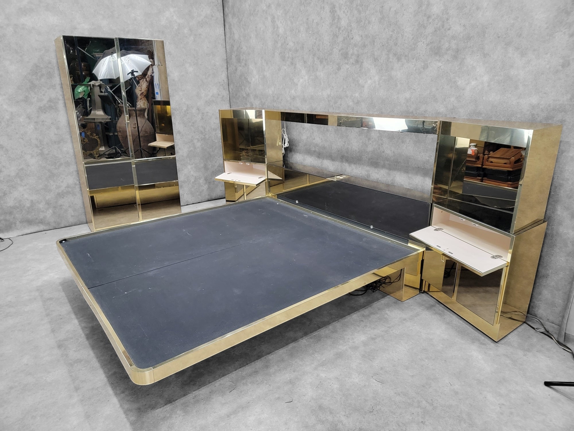 Mid Century Modern Bronze Mirrored and Brass Finish Bedroom Set