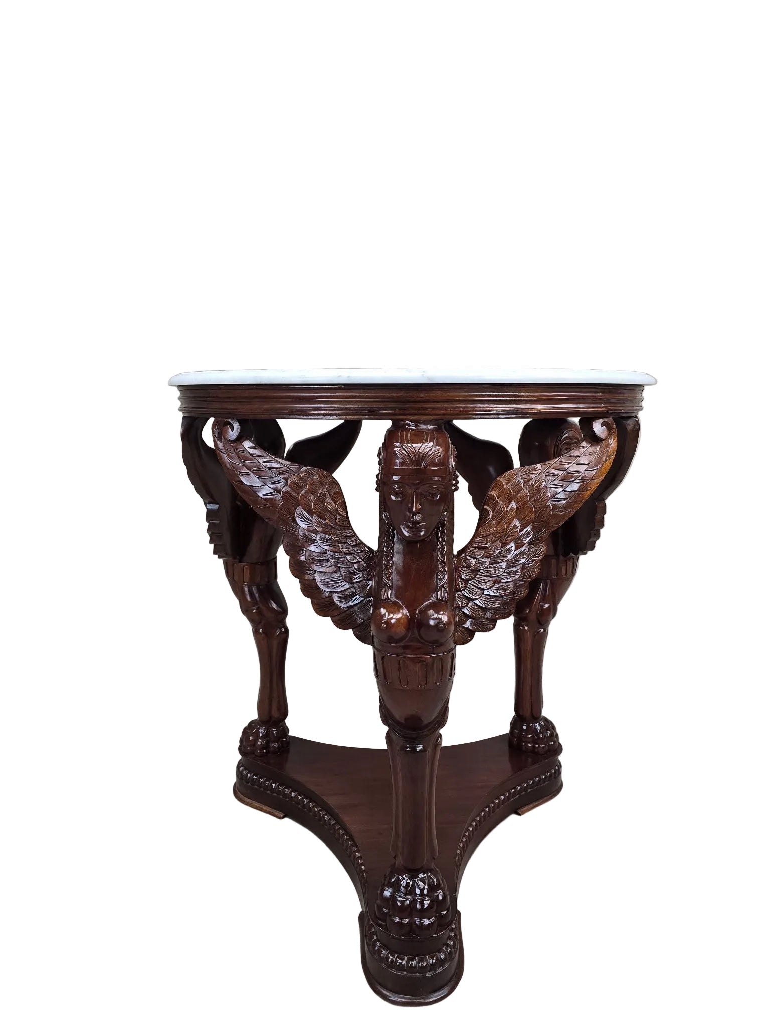Vintage Indonesian Neoclassical Style Winged Caryatid Marble Top Center Table